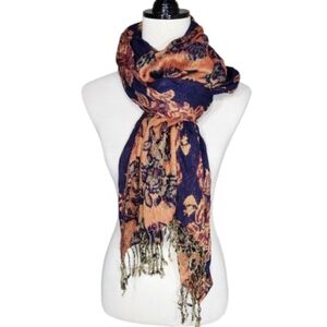 Pashmina scarf black and orange floral wirh fringe Reversable